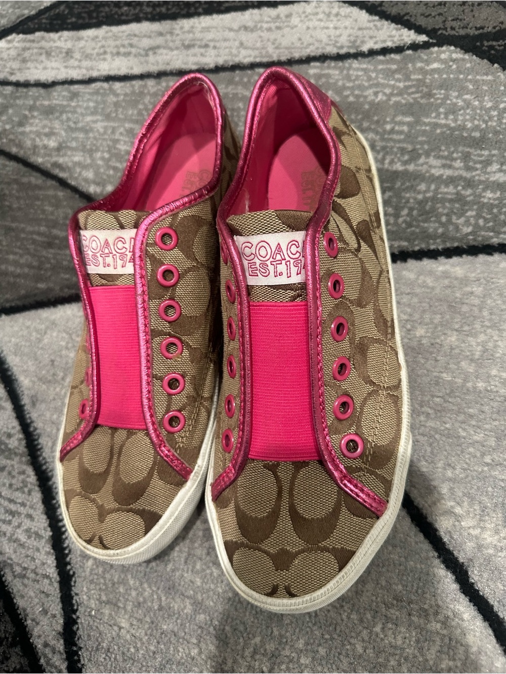 COACH Brown Signature Canvas Slip-On Sneakers with Hot Pink Trim